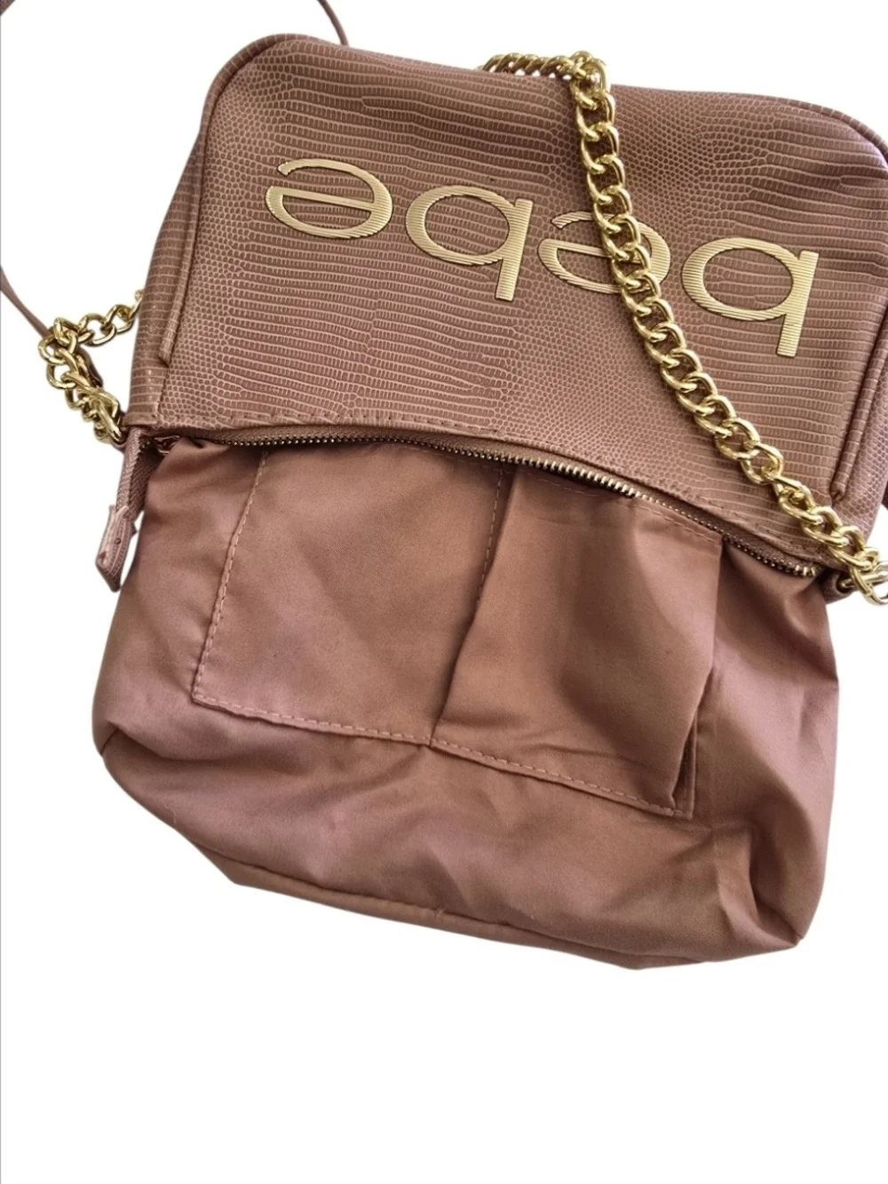 bebe Dusty Rose Fabiola Lizard-Embossed Gold Chain Shoulder Bag Purse *